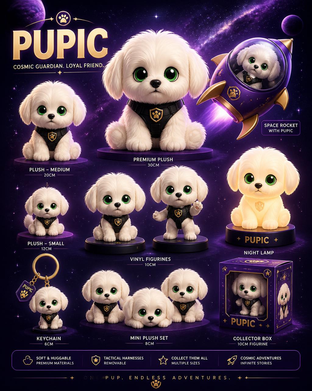 Pupik toys collection — plush, playsets, rockets and figurines