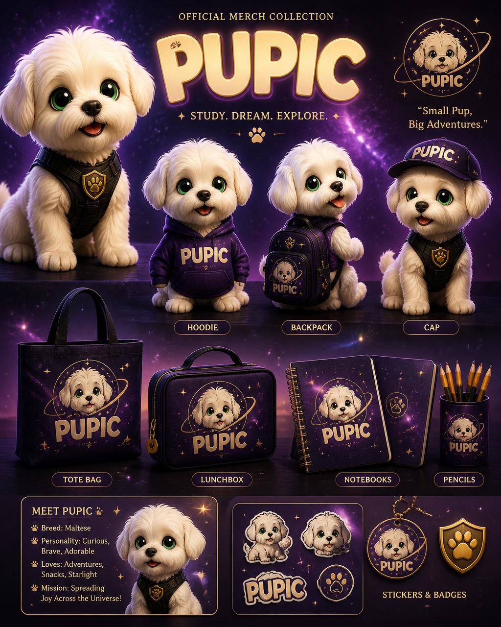 Pupik school merch collection — apparel, bags, stationery